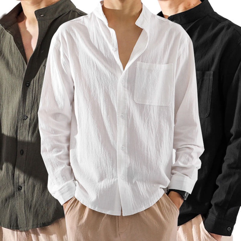 เสื้อเชิ้ตผู้ชายคอปกผ้าลินินสไตล์เกาหลี ทรงลำลองและมีสไตล์ สีพื้น เสื้อแจ็คเก็ตผู้ชายพื้นฐาน [COD]