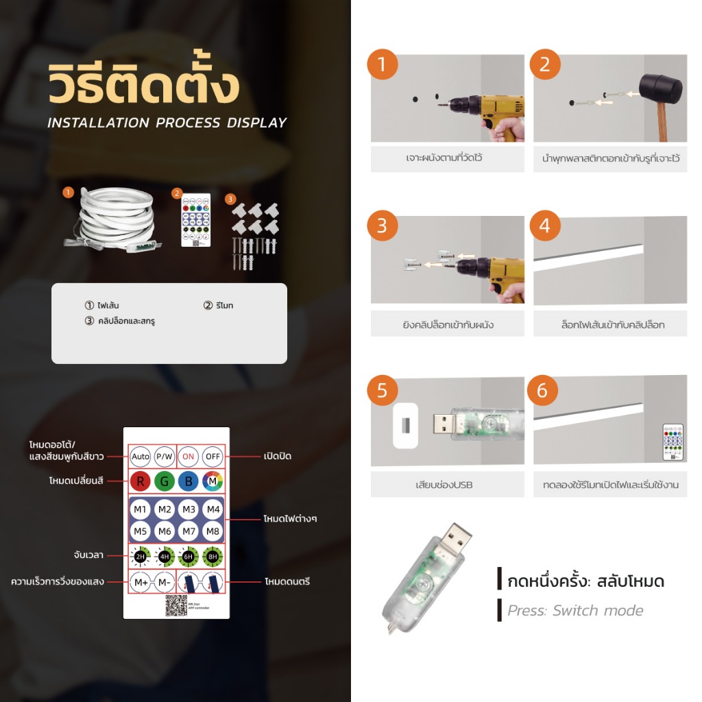 MODI ไฟเส้นกระพริบ หลากสีRGB ยาว5เมตร USB เหมาะสำหรับใช้ภายในอาคาร ไฟตกแต่ง ร้านอาหาร คริสมาส ปีใหม่ - รูปที่ 6