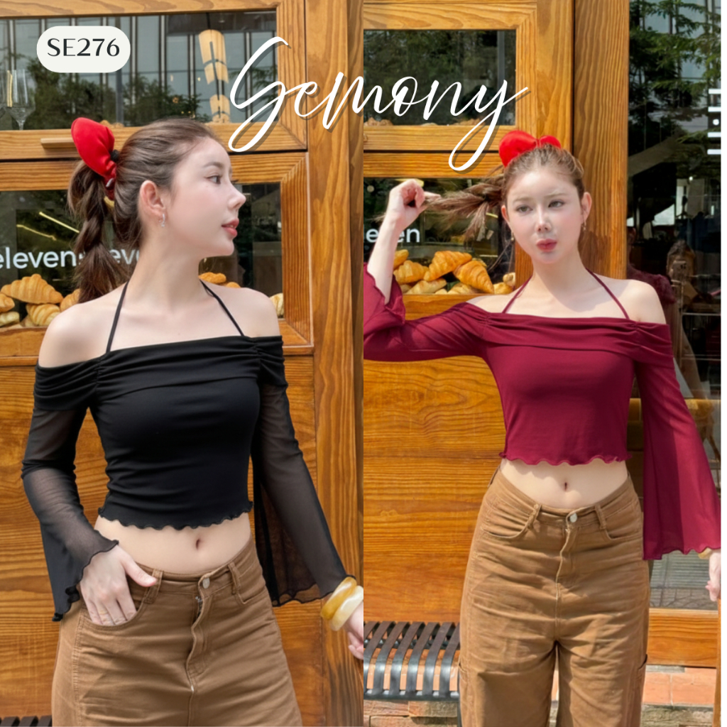 SE276 l SENINE เสื้อครอปเเขนยาวซีทรู  ปาดไหล่ ผูกคอ Clothing ผู้หญิง [ซื้อครบ1,000 แถมเครื่องประดับ]