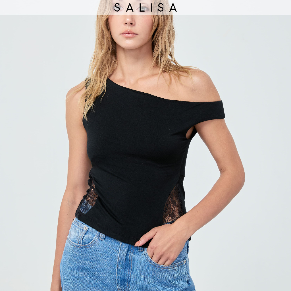 SALISA - ONE-SHOULDER JERSEY LACE FW25 Black