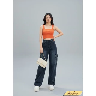 กางเกงยีนส์คาร์โก้ทรงหลวมขากว้างเอวสูง (Wide-Leg High-Waist Cargo Denim) B054