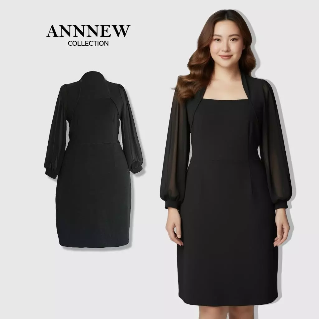 ANNNEW เดรสทำงานผ้ายืดมูลเวฟคอปีนชีฟอง 2988R