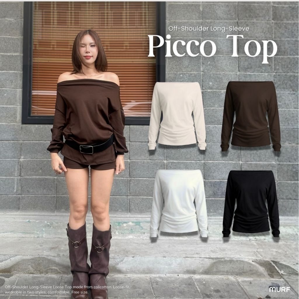 Picco Top - เสื้อปาดไหล่แขนยาว ทรงหลวม ใส่ได้ 2 แบบ Colicotton ผ้ายืดนุ่ม ใส่สบาย ไม่บาง  | MURF.BKK | Off-Shoulder Long