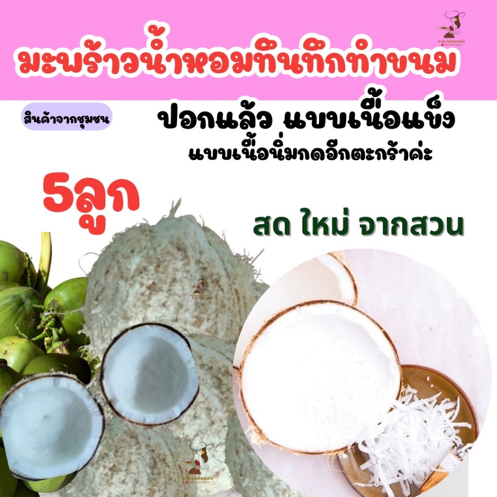 มะพร้าวทึนทึก มะพร้าวน้ำหอม แบบเนื้อแข็ง คละไซส์(เนื้อนิ่มกดอีกตะกร้า)ใช้ทำขนม ขูดโรยขนม คลุกขนม หอมอร่อย สด ใหม่ จากสวน