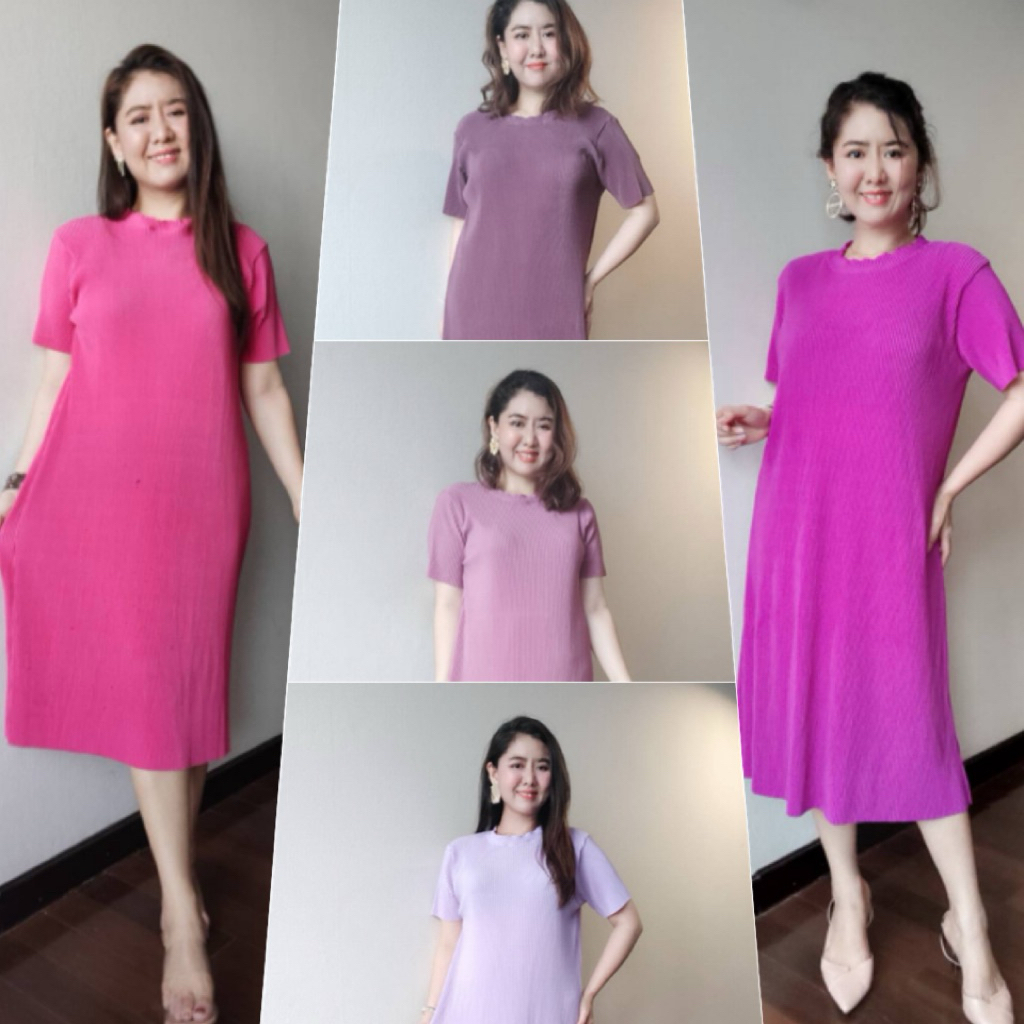 ชุดเดรสยืดคอกลมผ้าอัดพลีท สีพื้นสวยตรงปกPleated Dress classic