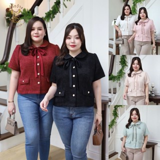 ตัวกว้างพลัสไซส์ เสื้อผ้าทวีต แต่งโบว์ เสื้อคอบัว ผ้าทวีตเนื…