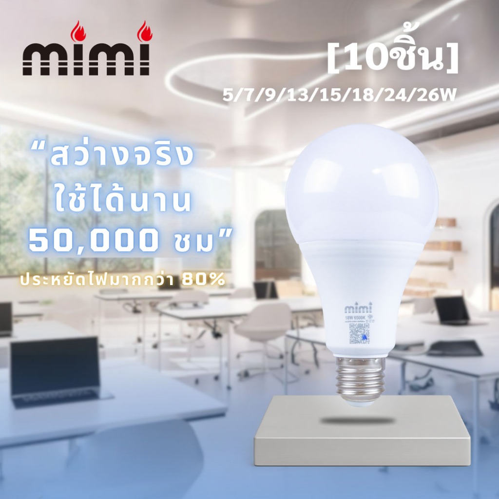[10ชิ้น]หลอดไฟ LED Light MIMI ใช้ไฟฟ้า ทรงกลมขั้ว E27 5/7/9/13/15/18/24/26W แบบประหยัดไฟ หลอดตะเกียบ