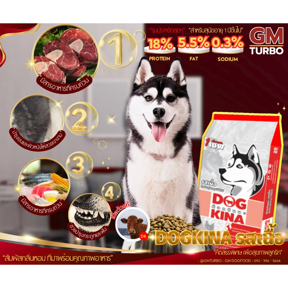 DOGKINA ด็อกกินนะ อาหารสุนัขโต รสเนื้อและแกะ สูตรประหยัด สำหรับสุนัขอายุ 1 ปีขึ้นไป
