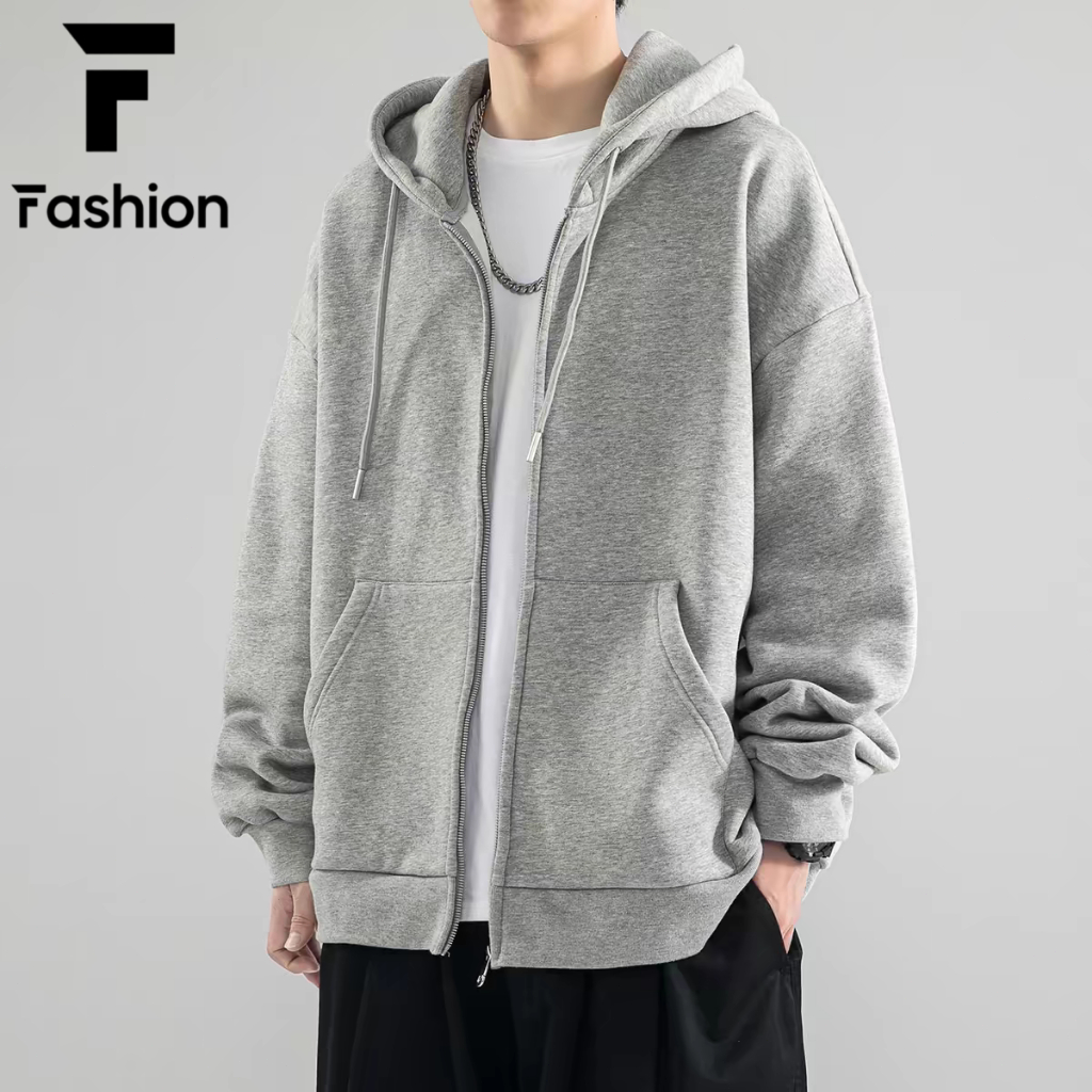 เสื้อฮู้ดซิปแขนยาวสีทึบซึ่งผู้ชายและผู้หญิงสามารถสวมใส่ได้ในทุกฤดูกาล เรียบง่าย ทันสมัย ​​และหล่อเหลา