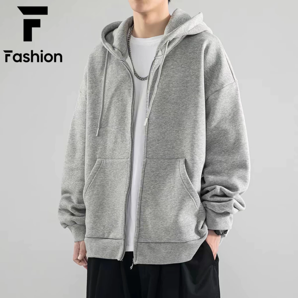 เสื้อฮู้ดซิปแขนยาวสีทึบซึ่งผู้ชายและผู้หญิงสามารถสวมใส่ได้ในทุกฤดูกาล เรียบง่าย ทันสมัย และหล่อเหลา