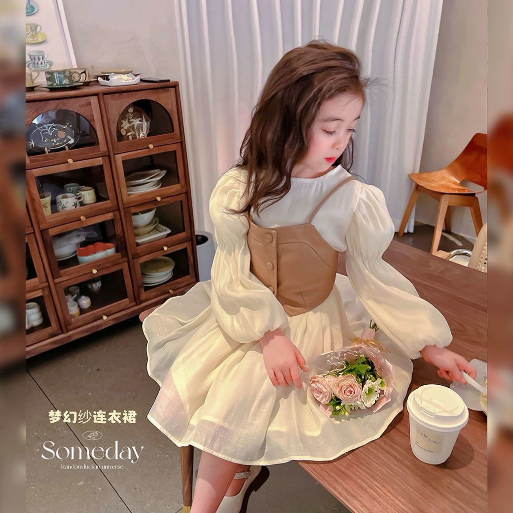 [Namsaii kids]🔥พร้อมส่ง🔥ชุดเซท2ชิ้น ชุดเด็กผู้หญิง เสื้อกั๊กหนังสไตล์ฝรั่งเศส + เดรส งานน่ารัก