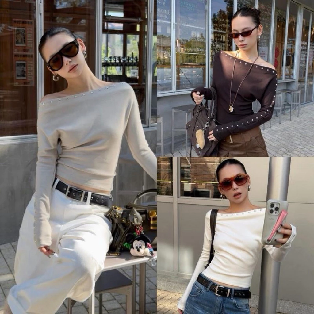 BY0428 เสื้อแขนยาวปาดไหล่แต่งหมุด ผ้าคอตตอนยืด benly co