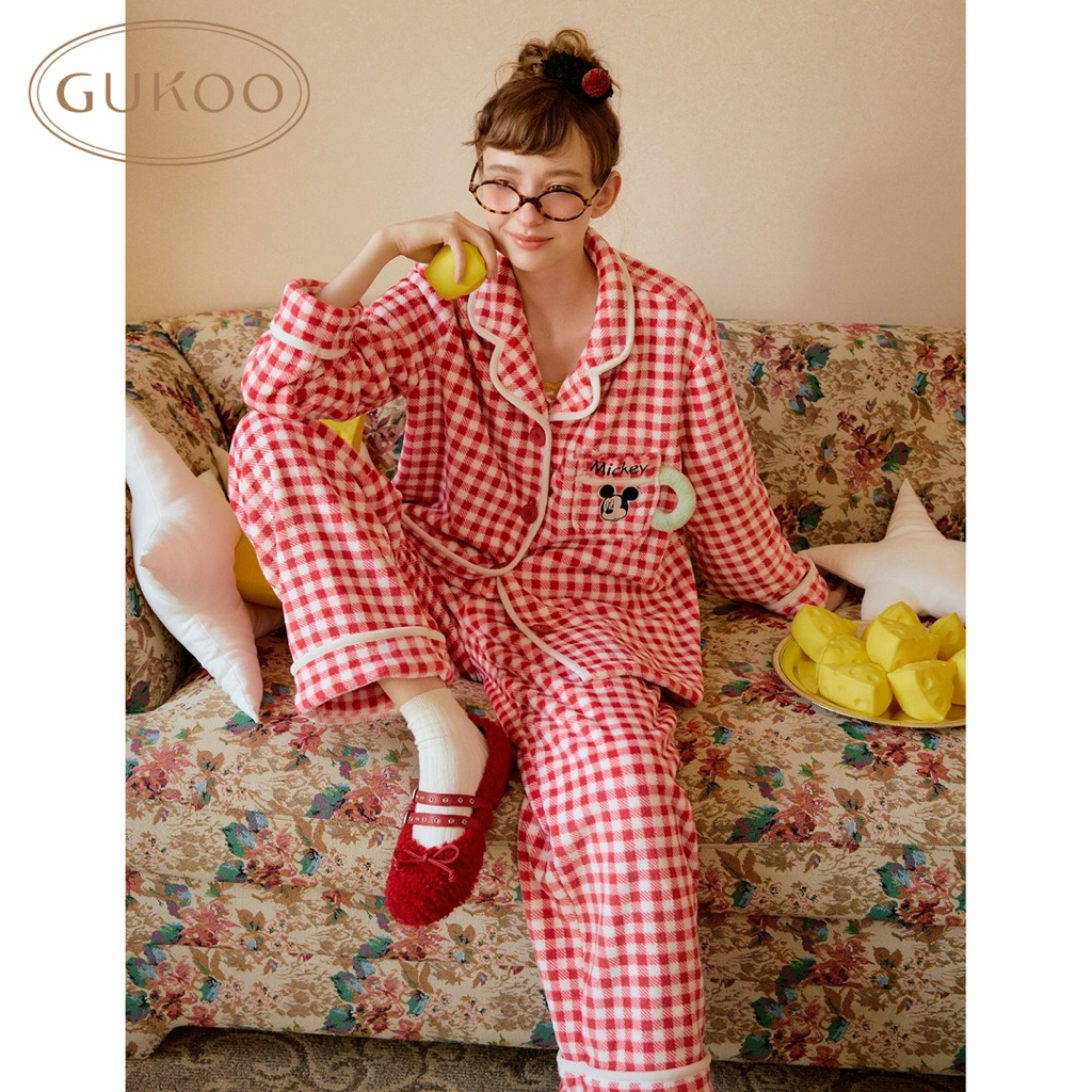 Gukoo Plush Warm Mickey Plaid Home Wear Set D
