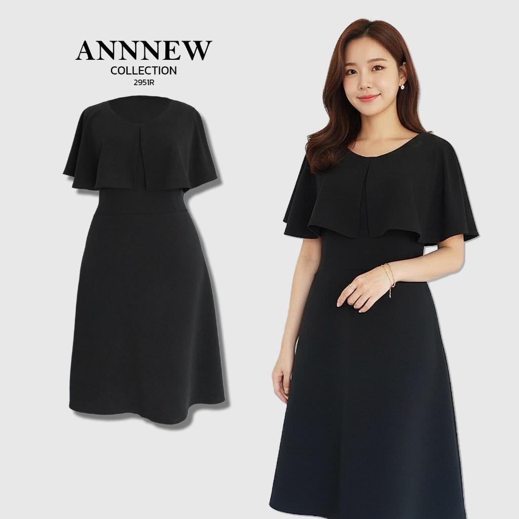 ✨ANNNEW✨ XL- 5XL เดรสผ้ายืดมูลเวฟเเต่งระบายบ่าสีพืน 2951R