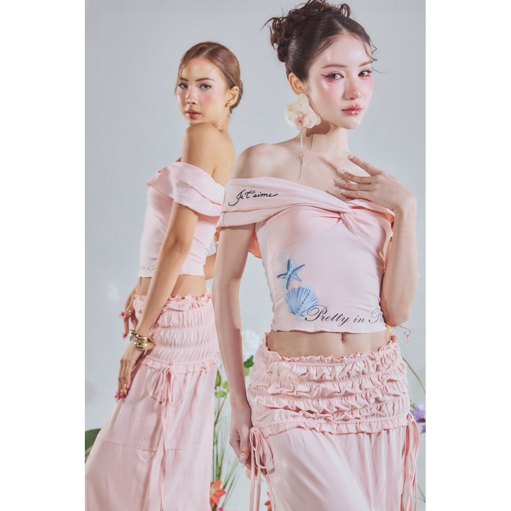 WHYSOCUTE - Ocean Blossom Off-Shoulder Dress (SET เสื้อ+กระโปรง 2 ชิ้น)