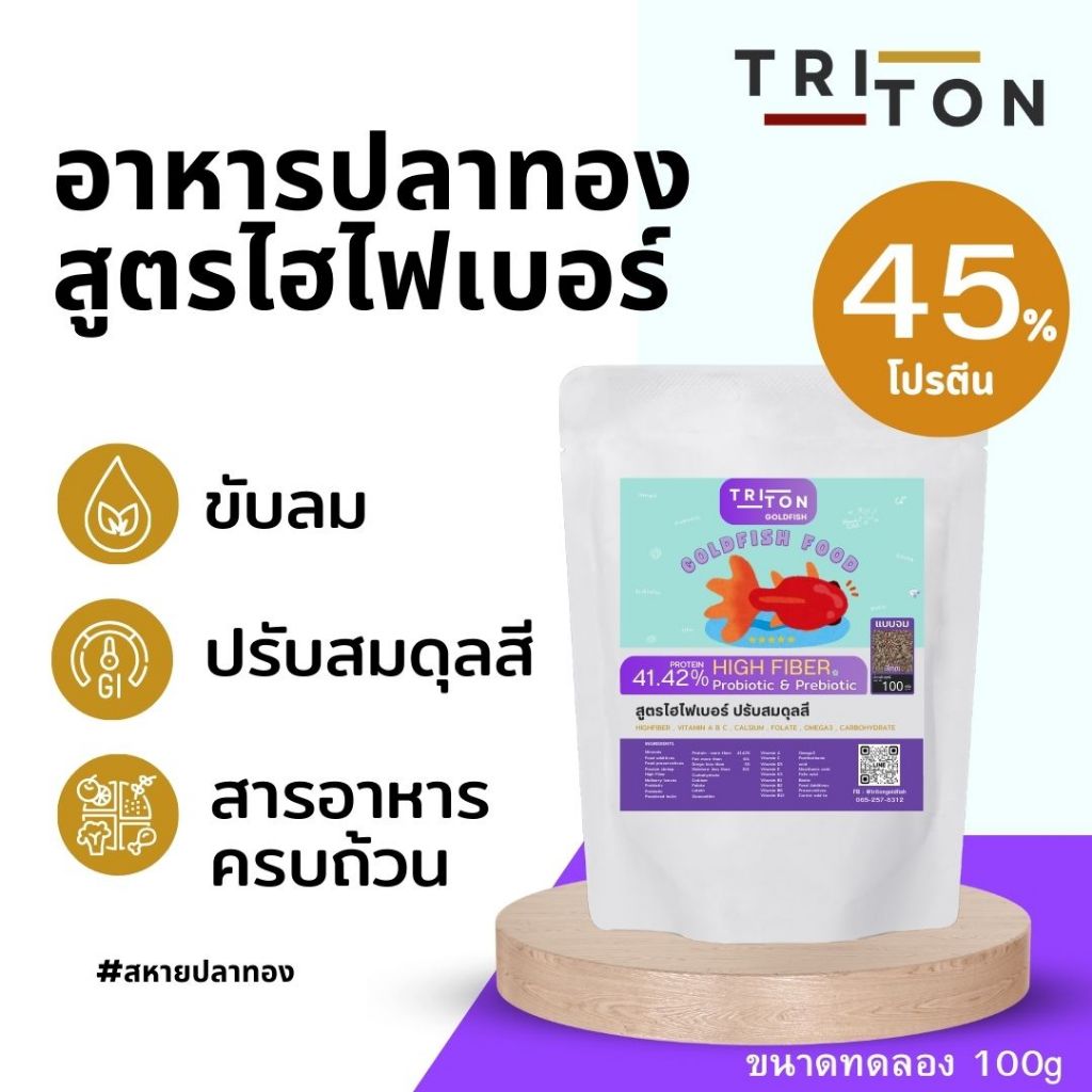 Triton Goldfish Food ไทรทัน อาหารปลาทอง "สูตรไฮไฟเบอร์ ขับลม" โปรตีน 45%  ขนาด 100g ปลาทอง Goldfish