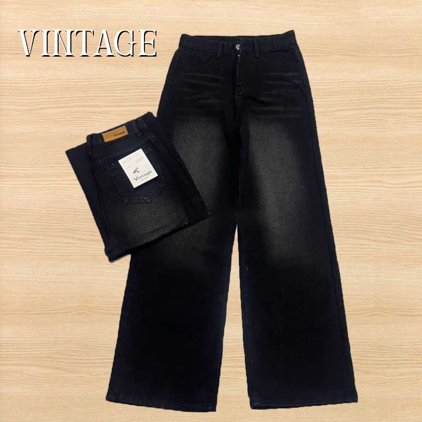 Vintage รุ่น 8801 กางเกงยีนส์ ขายาว ทรงกระบอก เอวสูง ทรงกระบอก สีดำฟอก แต่งเฟดขา กางเกงยีนส์ขากระบอก