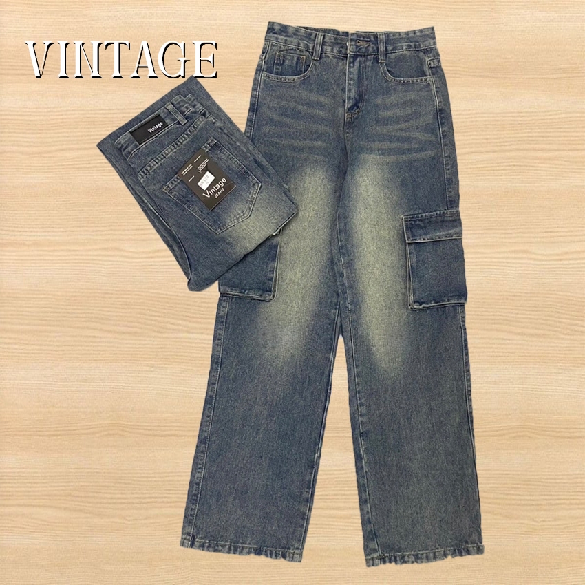 Vintage รุ่น #8832-2 กางเกงยีนส์ คาร์โก้ ทรงกระบอก สีสนิมเข้ม แต่งเฟดขา ทรงสวยผ้าไม่ยืด กระเป๋าตรง 2 ใบ