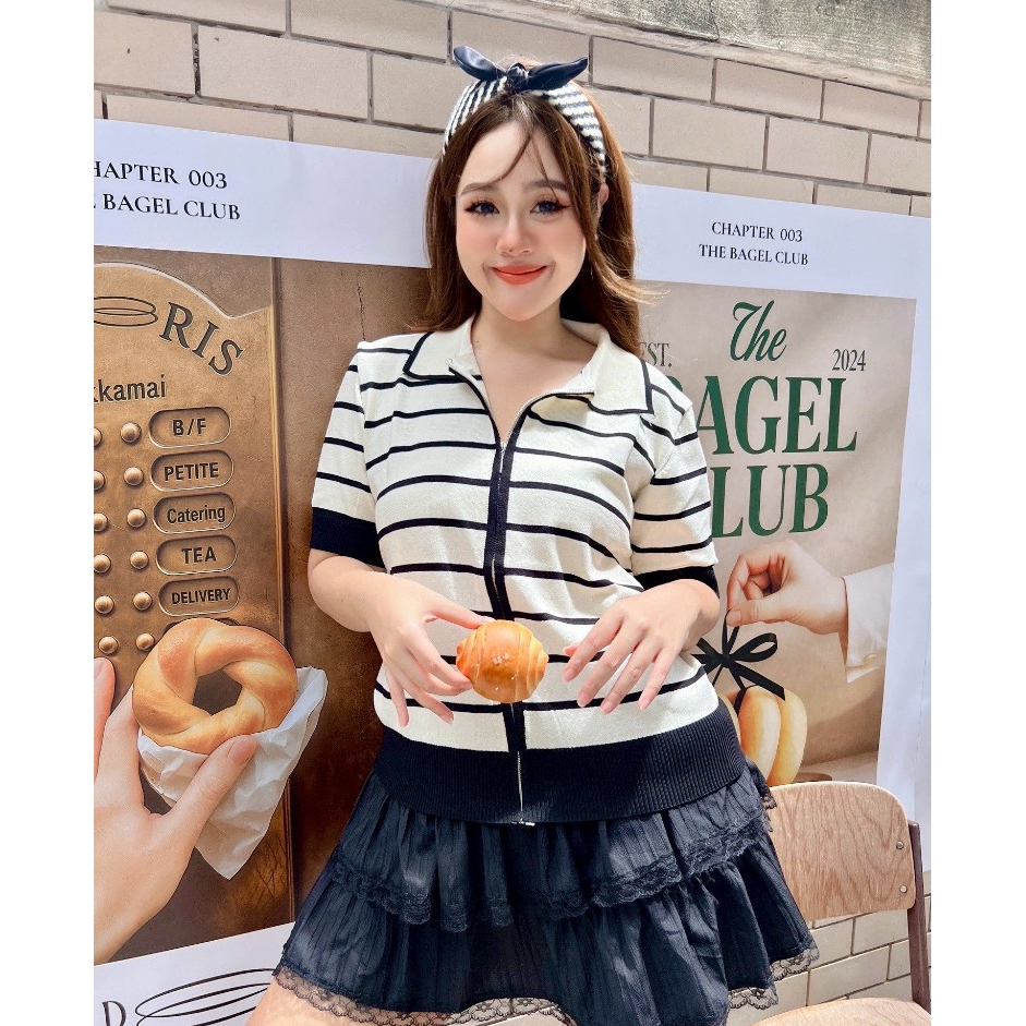 🖤 Bella Zipped เสื้อยืด knit ผ้าทอลาย Freesize 46-52"