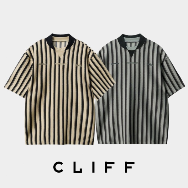 CLIFF เสื้อแขนสั้นผู้ชายคอวี  ลายทาง  สบาย ๆ ใส่ได้ทุกโอกาส  วินเทจ  แฟชั่นผู้ชาย  ต้านริ้วรอยไม่ต้องรีด