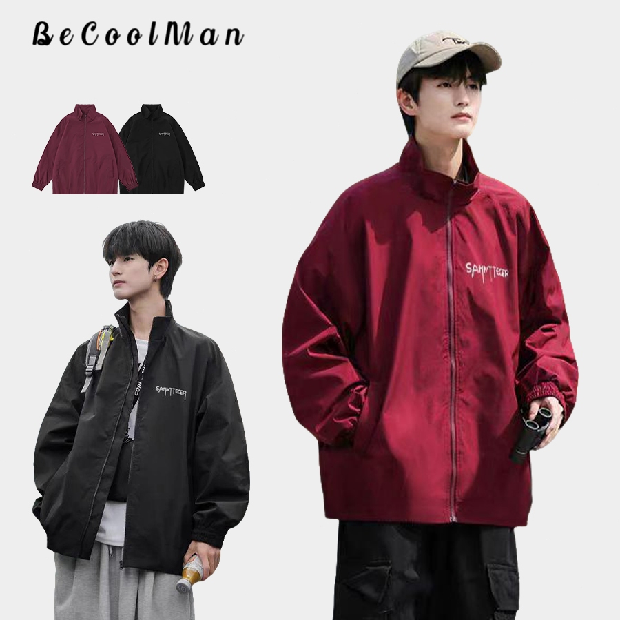 💥BecoolMan💥เสื้อโค้ทฤดูใบไม้ร่วงและฤดูหนาว ดีไซน์ปกอ่อนและซิป สำหรับชายและหญิง ขนาดหลวม สบาย สีดำ/แดงให้เลือก