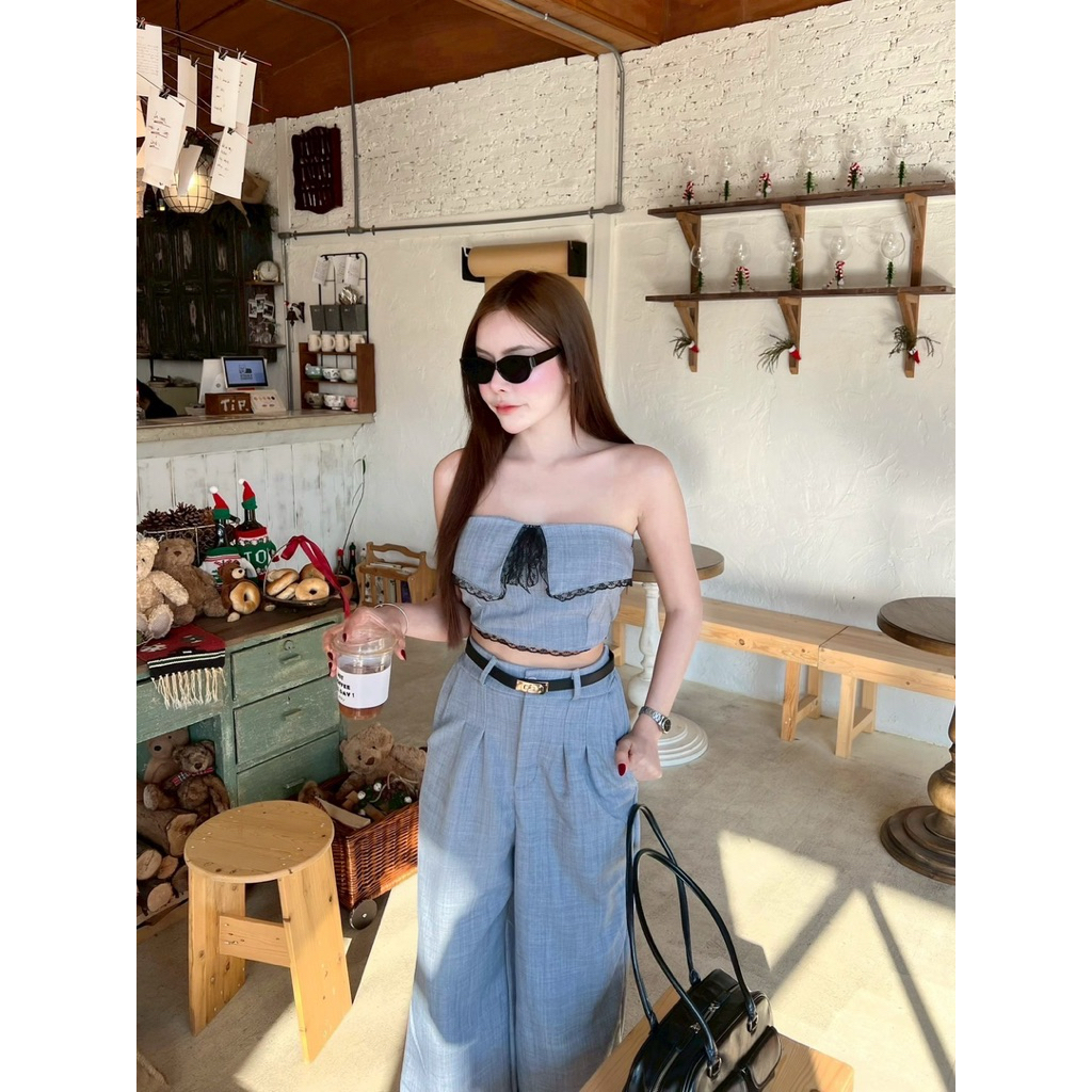 #Roseshop เซตเกาะอกแต่งลูกไม้ อกเสริมฟองน้ำ มาพร้อมกางเกงขายาวจีบหน้า หรูหรา ผ้าสโนว์