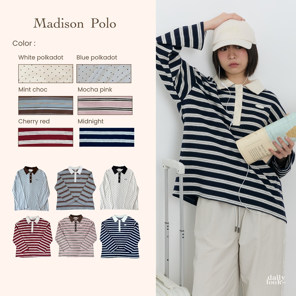 DAILYLOOK.SM --- Madison polkadot polo  เสื้อโปโลแขนยาว ทรง Oversize ดีเทลปัก Dailylook ตรงอกซ้าย ผ้าลายจุดสุดฮิต