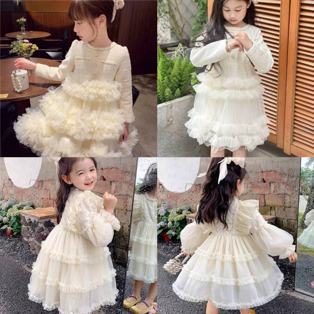 (พร้อมส่ง)ชุดเด็กผู้หญิง ชุดเเขนยาวเดรสกระโปรงฟรุ้งๆ สีครีมอ่อนๆชุดออกงานได้สวยๆ