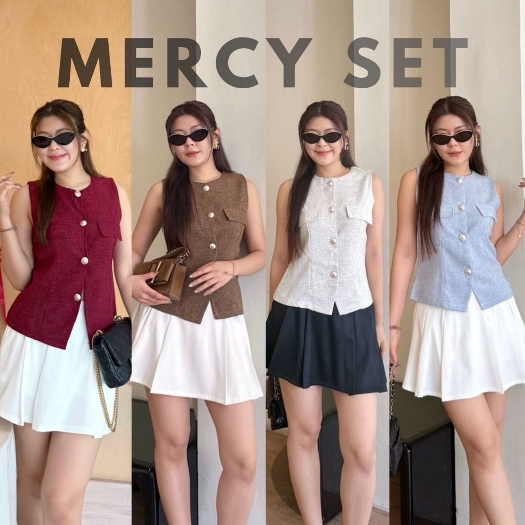 Mercy Set :: ชุดเซ็ทกระโปรง 2 ชิ้น ชุดเซ็ทกระโปรงสั้น เสื้อแขนกุดผ้าทวิต แต่งกระดุมทอง น่ารัก เกาหลี BETTY (B046)