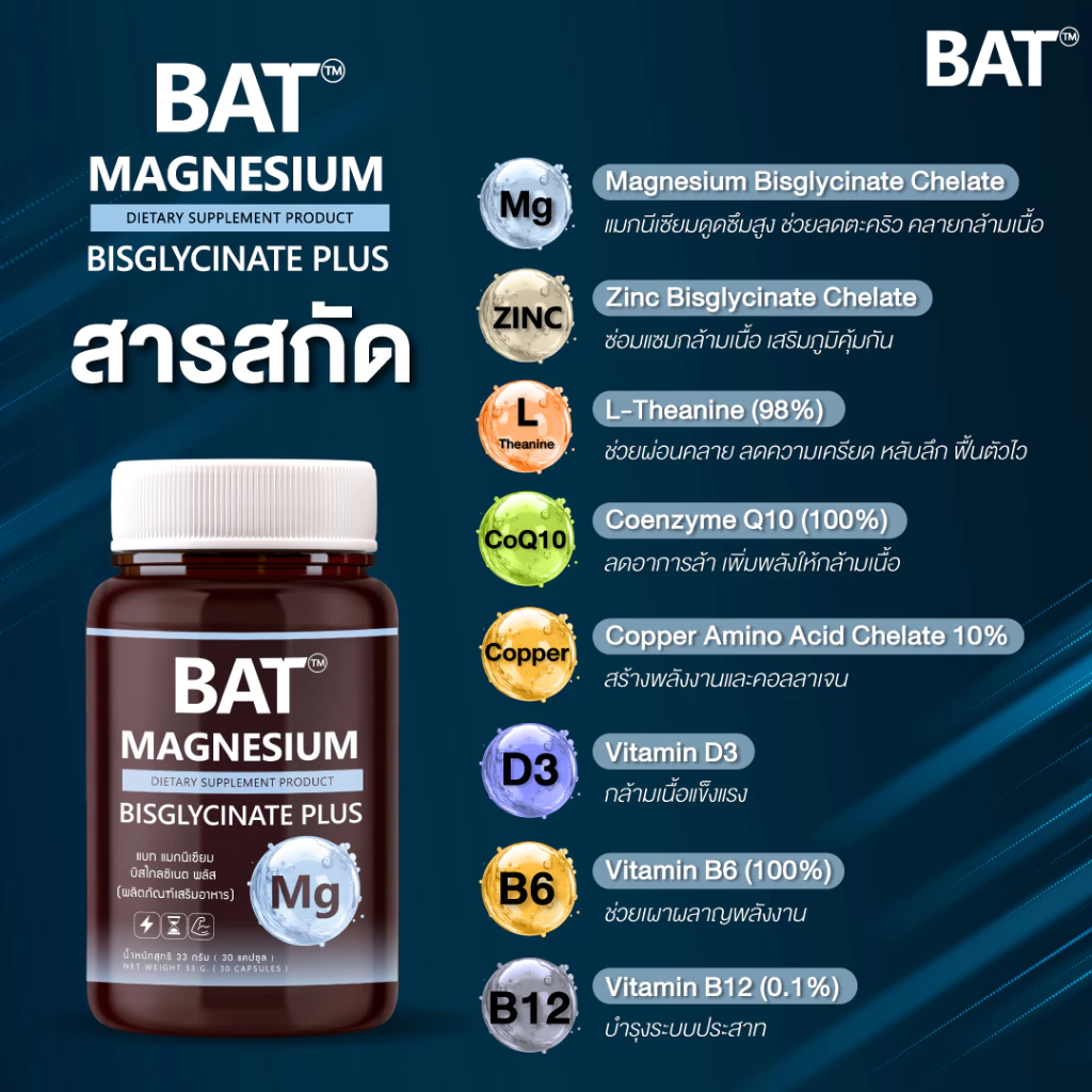 BAT™️ Magnesium Bisglycinate แมกนีเซียม บิสไกลซิเนต ผ่อนคลาย คลายเครียด ตะคริว กล้ามเนื้อ ดูดซึมดี thumbnail 6