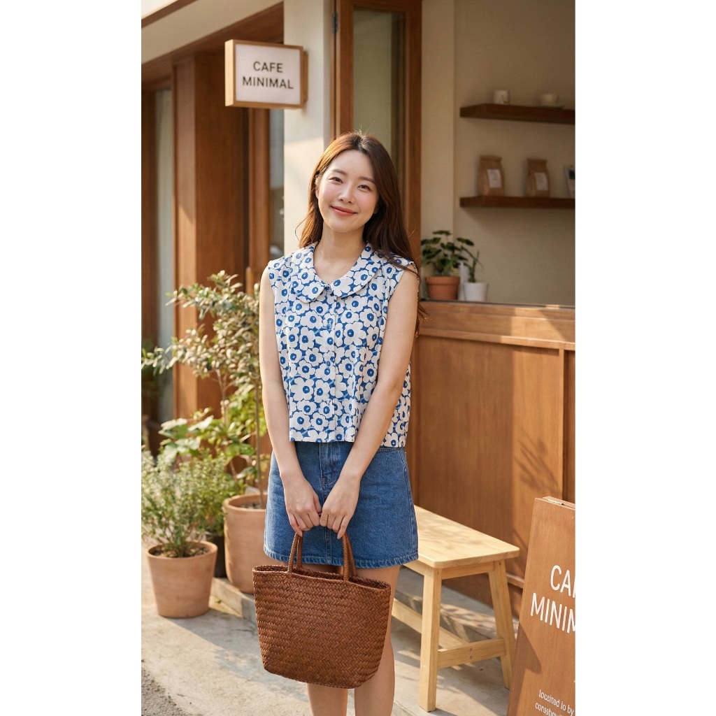 เสื้อคอบัวแขนกุด ผ้าฝ้ายด๊อบบี้สโตน/สาลู2กัดลาย กระดุมปั้ม ผ่าหน้า ใส่สบาย กระดุมใช้งานได้จริง❤ #Chaline Boutique