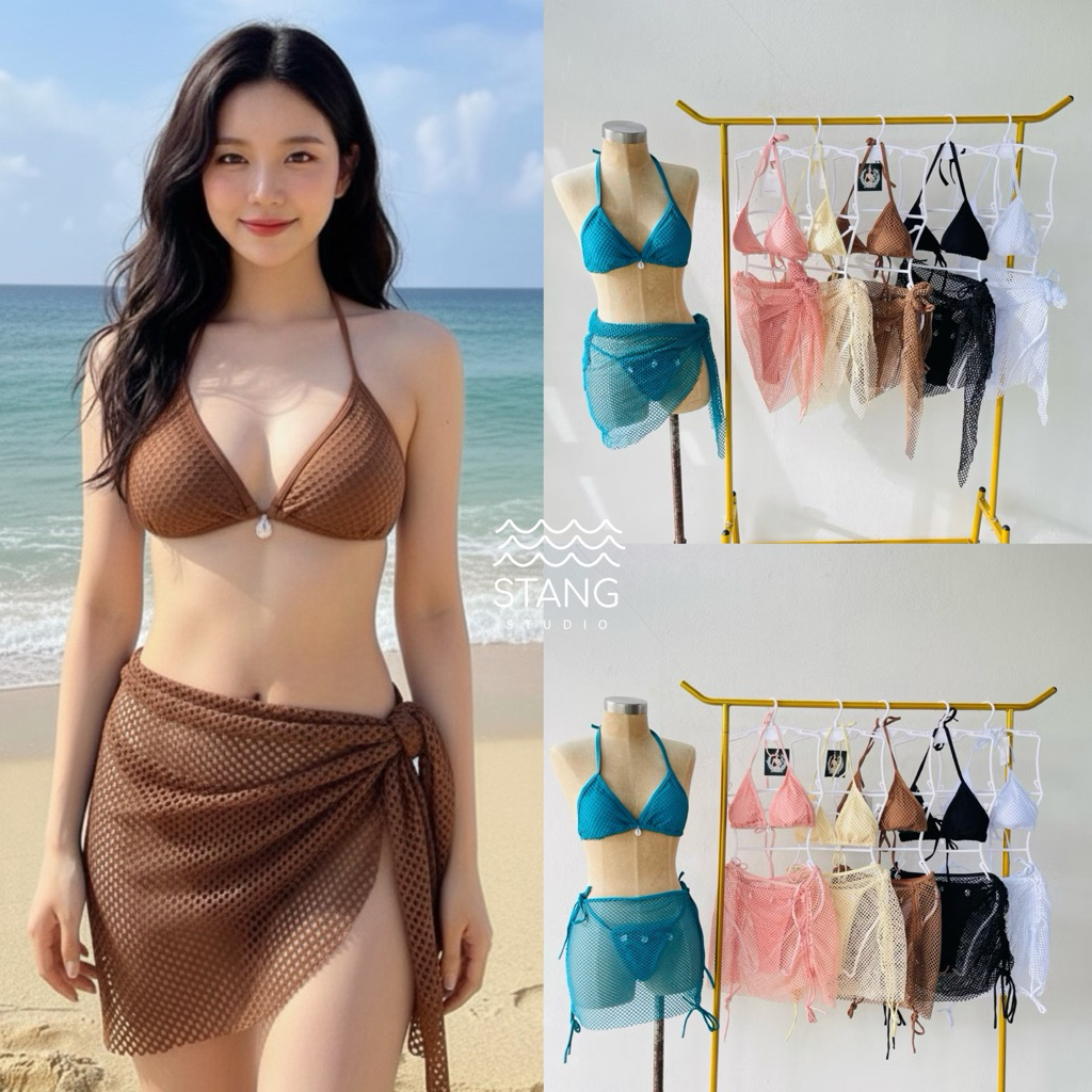 ชุดว่ายน้ำ 3ชิ้น ผ้าคลุม/กระโปรงตาข่าย แต่งอะไหล่หอย พร้อมส่งจากไทย