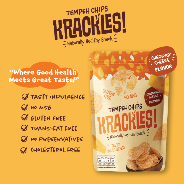 แคร็กเคิลส์ เทมเป้แผ่นกรอบ รสเชดดาร์ชีส 50 กรัม (Krackles! Tempeh Chips Cheddar Cheese Flavor 50g)