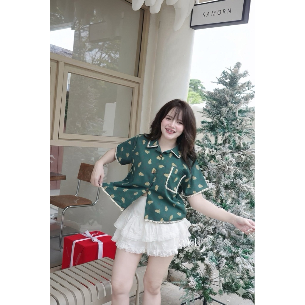 เสื้อคอปกเนื้อผ้าฝ้ายลายต้นคริสต์มาส T11