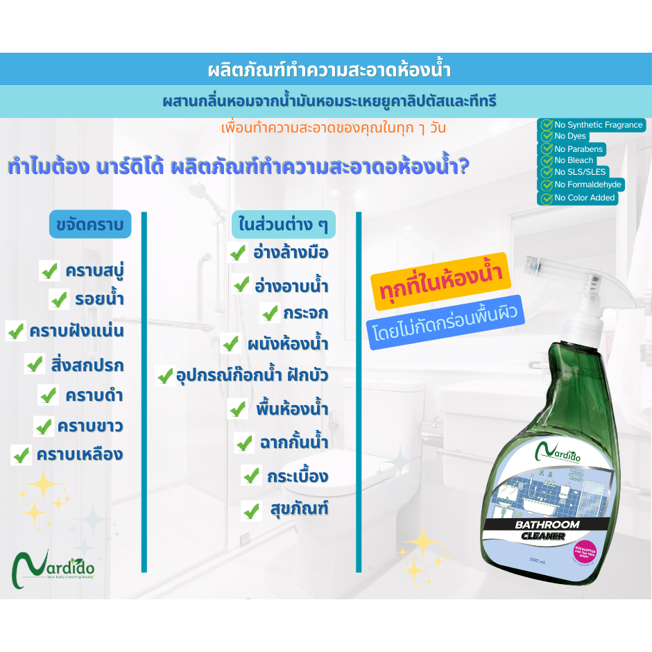 ชุดประหยัด (2 ขวด) นาร์ดิโด้ สเปรย์ทำความสะอาดอเนกประสงค์+สเปรย์ทำความสะอาดห้องน้ำ - รูปที่ 6