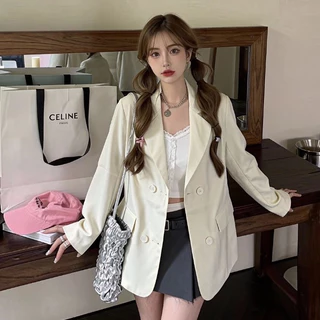 SUIT-35🍕สูทผู้หญิงทรงหลวม เสื้อเบลเซอร์แฟชั่น ใส่ทำงาน สไตล์เกาหลี กระดุม 4เม็ด ใส่คลุม สำหรับผู้หญิง ผ้านิ่ม ใส่สบาย 🍕