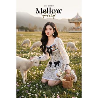 B806 BLT มินิเดรสแขนยาวผ้าลูกไม้พิมพ์ลายดอกไม้แต่งโบว์ดำ ใส่…