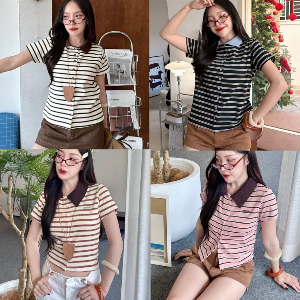 🌟mamildya🌟 เสื้อโปโลแขนสั้น ทรงครอป ผ้านิ่ม/ E1-4/COOK-โปแปะ ⚫