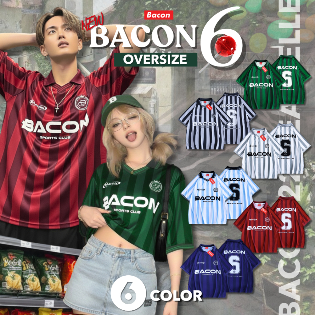 Bacon 6 เสื้อ Jersey Oversize ลายทาง พิมพ์ลายทั้งตัว ดีเทลคอปก ใส่สบาย ผลิตและจัดส่งในประเทศไทย