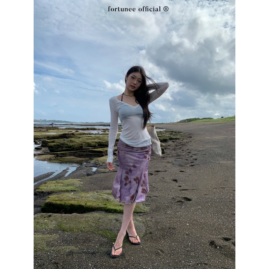 ❣Fortunee ❣ กระโปรงผ้ากำมะหยี่พิมพ์ลายดอกไม้สไตล์ฝรั่งเศส โทนไล่สีจีบเข้ารูป ชายกระโปรงทรงเมอร์เมด