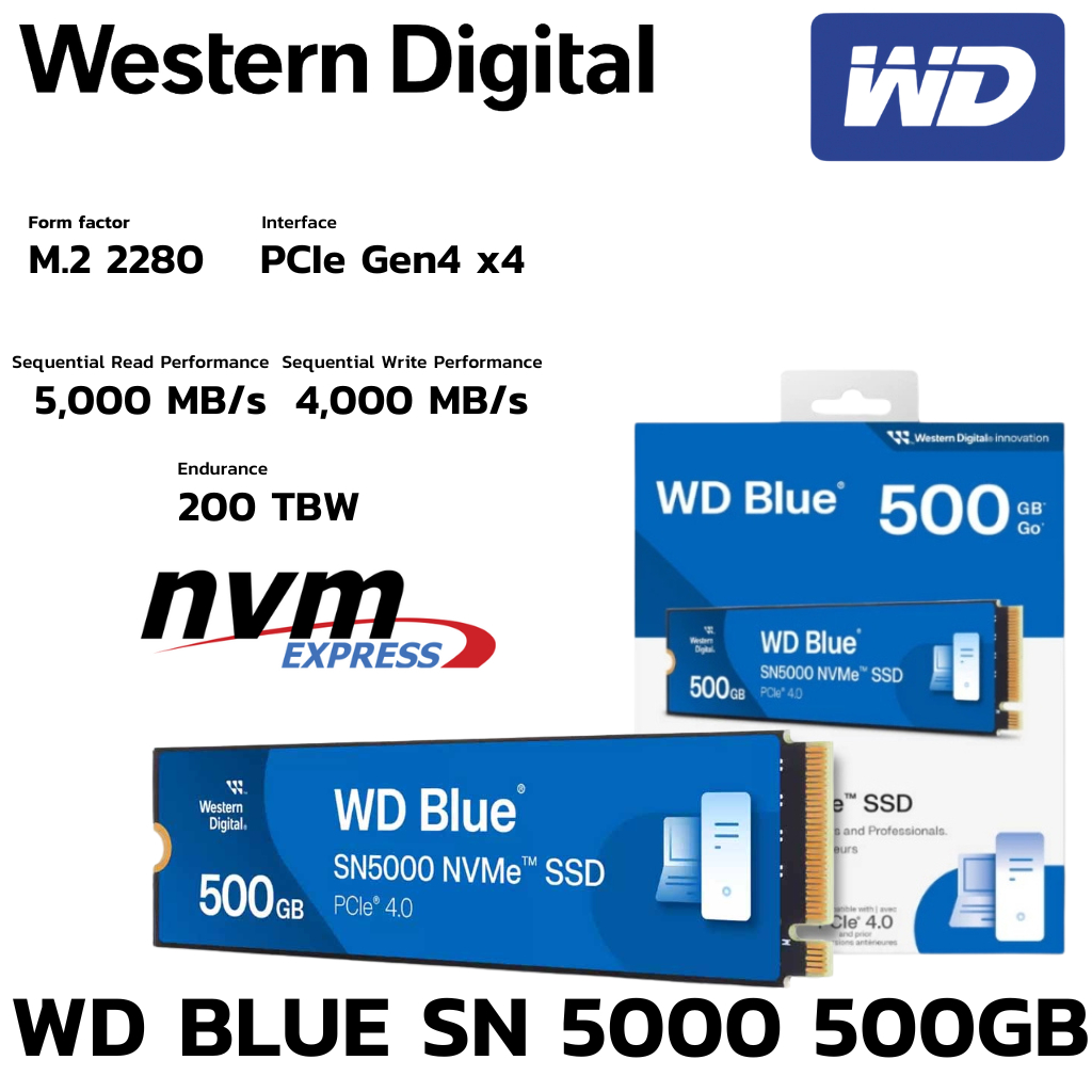 M.2 500 GB SSD (เอสเอสดี) WD BLUE SN5000 - PCIe 4x4 NVMe M.2 2280 (WDS500G4B0E)