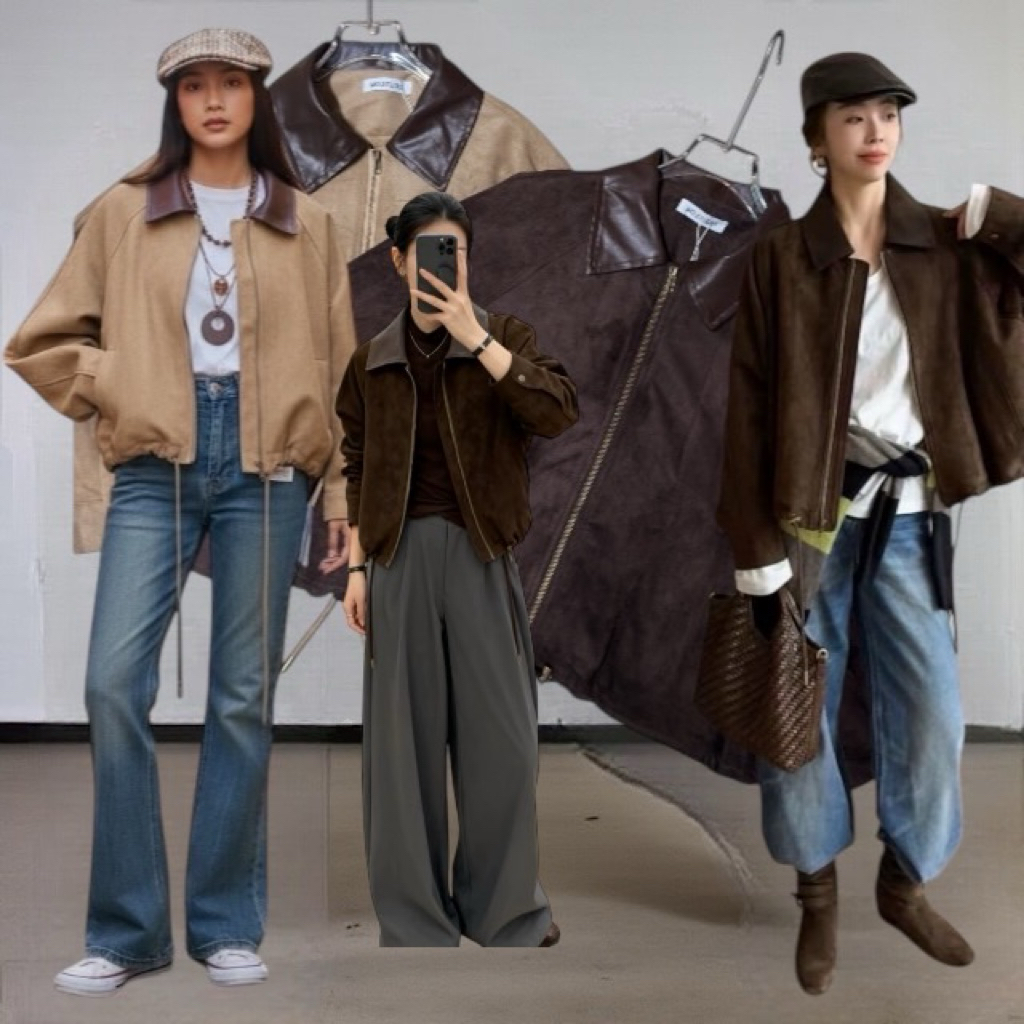 Suede x leather jacket 🪵🫶🏻🤎Mo.studio(790฿) พร้อมส่ง !!!! เเจ๊คเกตหนังกลับ suede คอปกเป็นหนังเรียบ ซิ