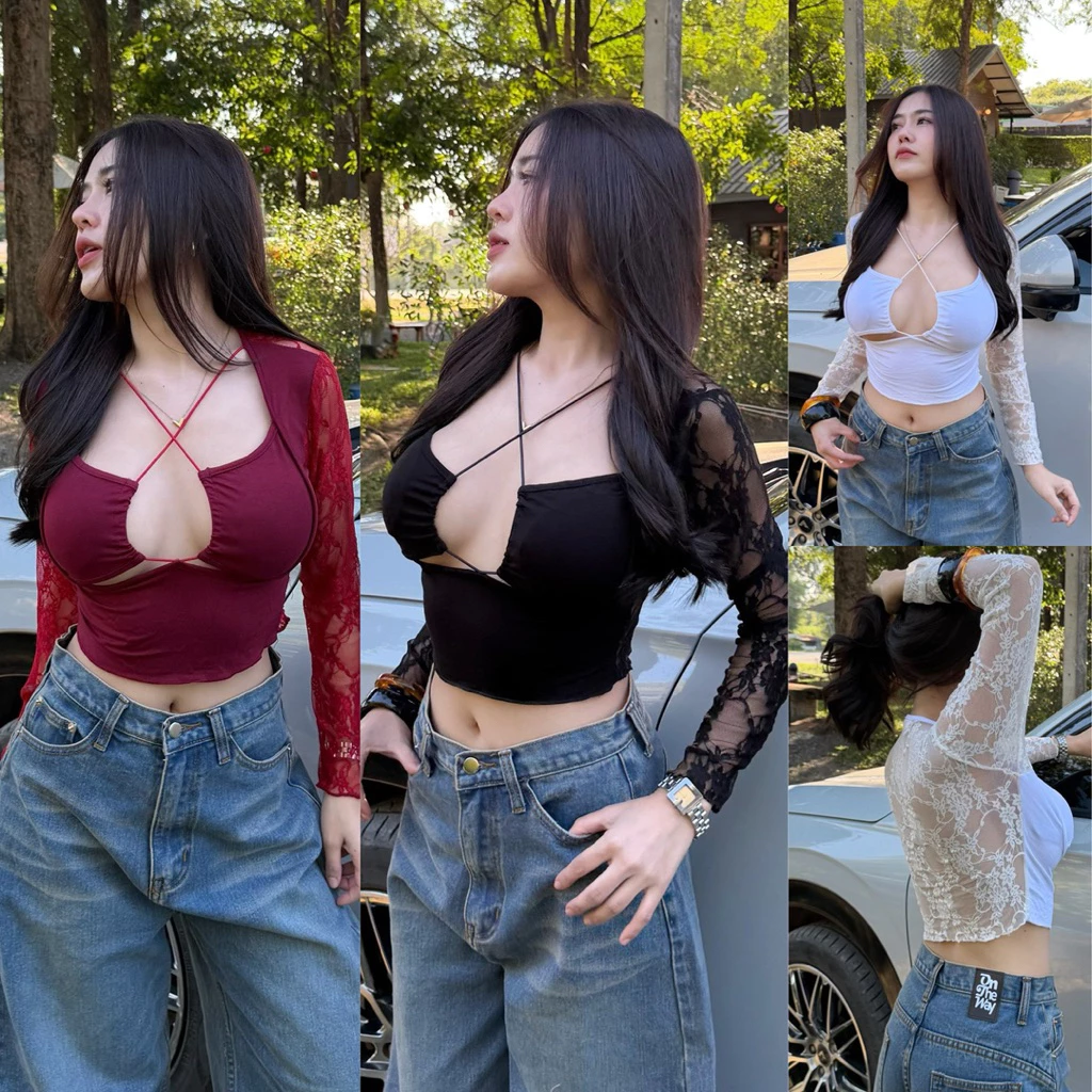 เสื้อแขนยาวผ้าลูกไม้ แต่งผ้าเรย่อน เปิดอกแซ่บๆ V17