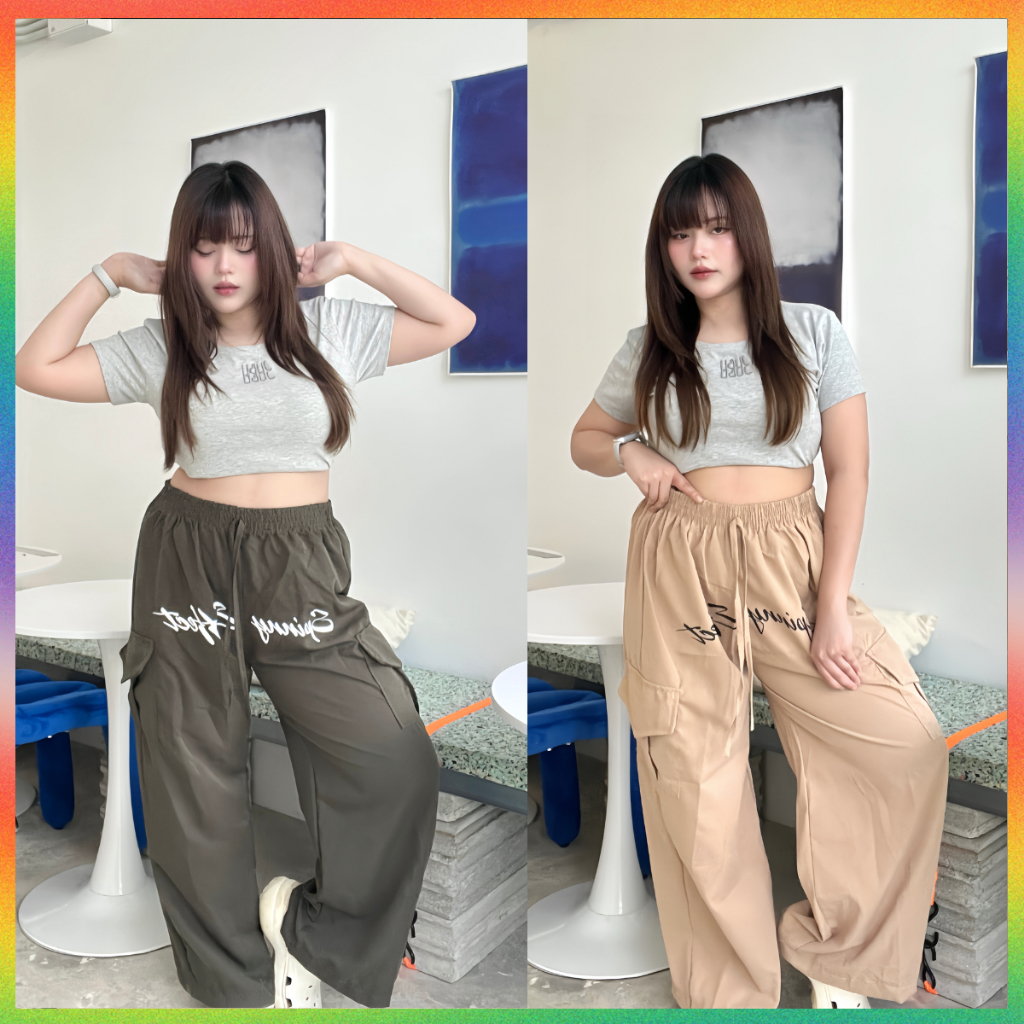 🌈MesubShop🌈กางเกงคาร์โก้ สาวอวบ มีไซส์ M-XL สกรีนลายสไตล์ Y2K กางเกงพรางหุ่น กระเป่าใช้งานได้จริง รุ่น Cargo Effect