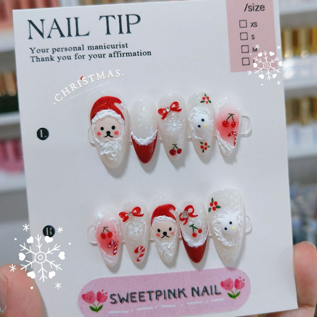 เล็บปลอมสำเร็จรูป ลายน้องหมีคริสมาสต์ ตุ๊กตาหิมะ CM6 เลือกทรงเล็บได้ แถมกาวตะไบทุกชุด