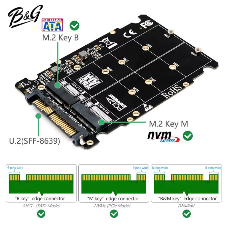 อะแดปเตอร์แปลง M.2 SSD เป็น U.2 2in1 M.2 NVMe และ SATA-Bus NGFF SSD เป็น PCI-E U.2 SFF-8639 PCIe M2