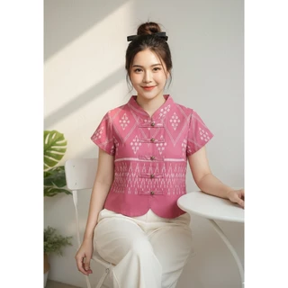 เสื้อผ้าฝ้ายพื้นเมือง คอจีนแต่งชายโค้ง ผ้าพิมพ์ลาย