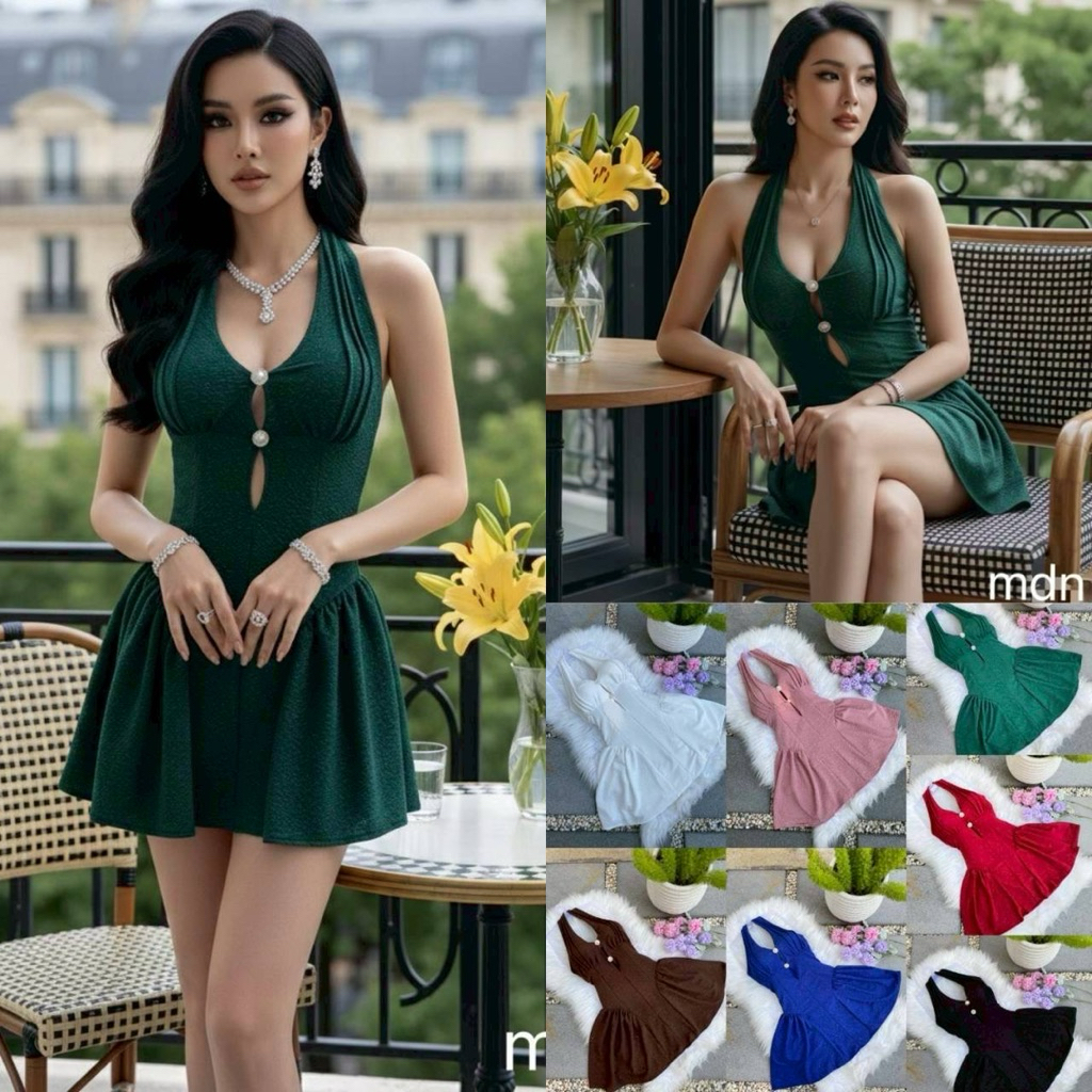 MDN. มินิเดรสคล้องคอติดกระดุมเพชร ผ้าหนังไก่โรยกาก เพชรเนื้อผ้าจะมีความยืดหยุ่นเยอะมาก  𝘄𝗵𝗼𝗹𝘀𝗮𝗹𝗲 𝗣𝗿𝗶