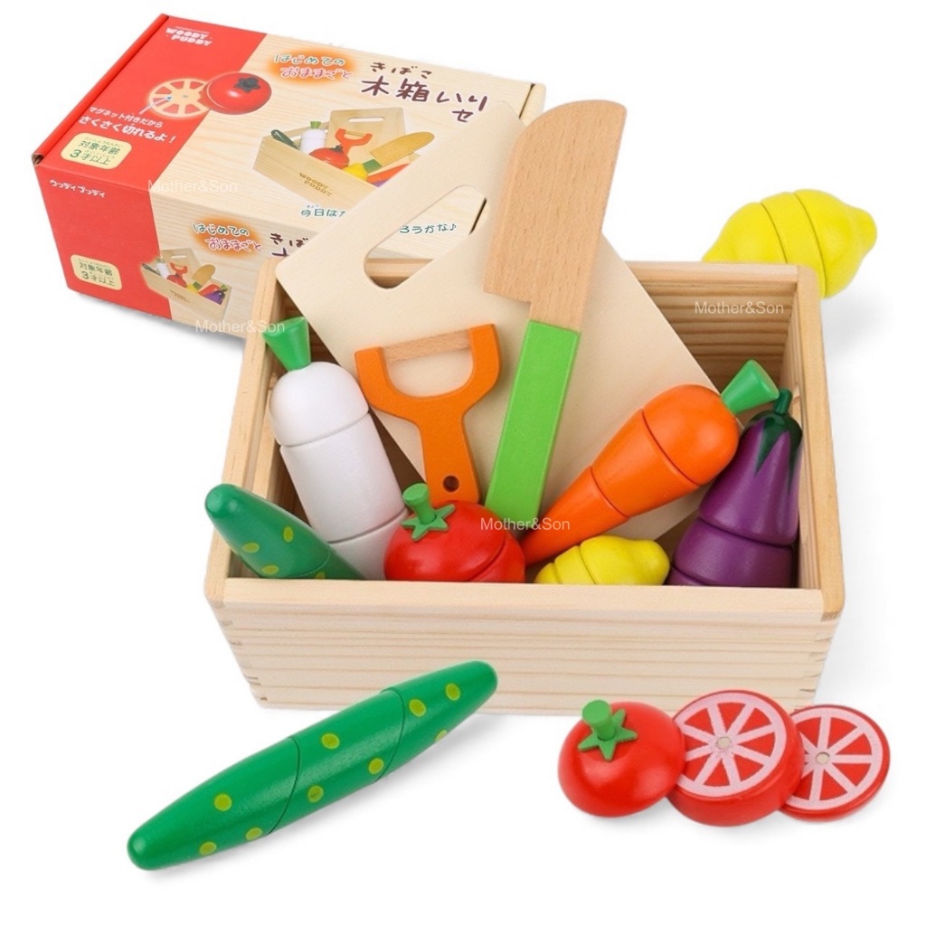 ตะกร้าของเล่นไม้จำลอง ชุดหั่นผัก Woody Puddy💕