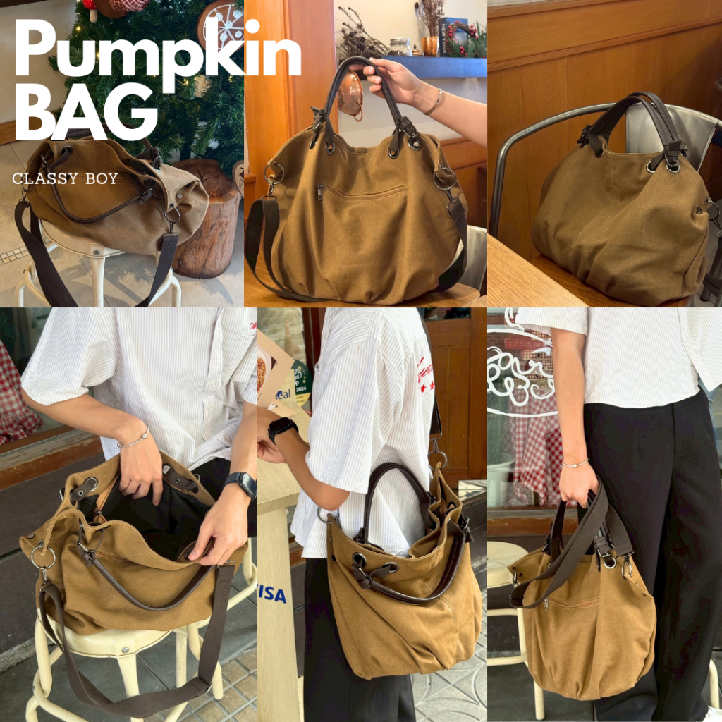 กระเป๋าถือ-สะพายไหล่ ทรงฟักทอง ผ้าแคนวาส สไตล์เกาหลีรุ่น Pumpkin shoulder bag